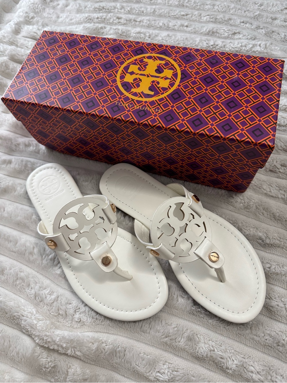 Tory Burch White Miller Logo Thong Sandals with Gold Accents